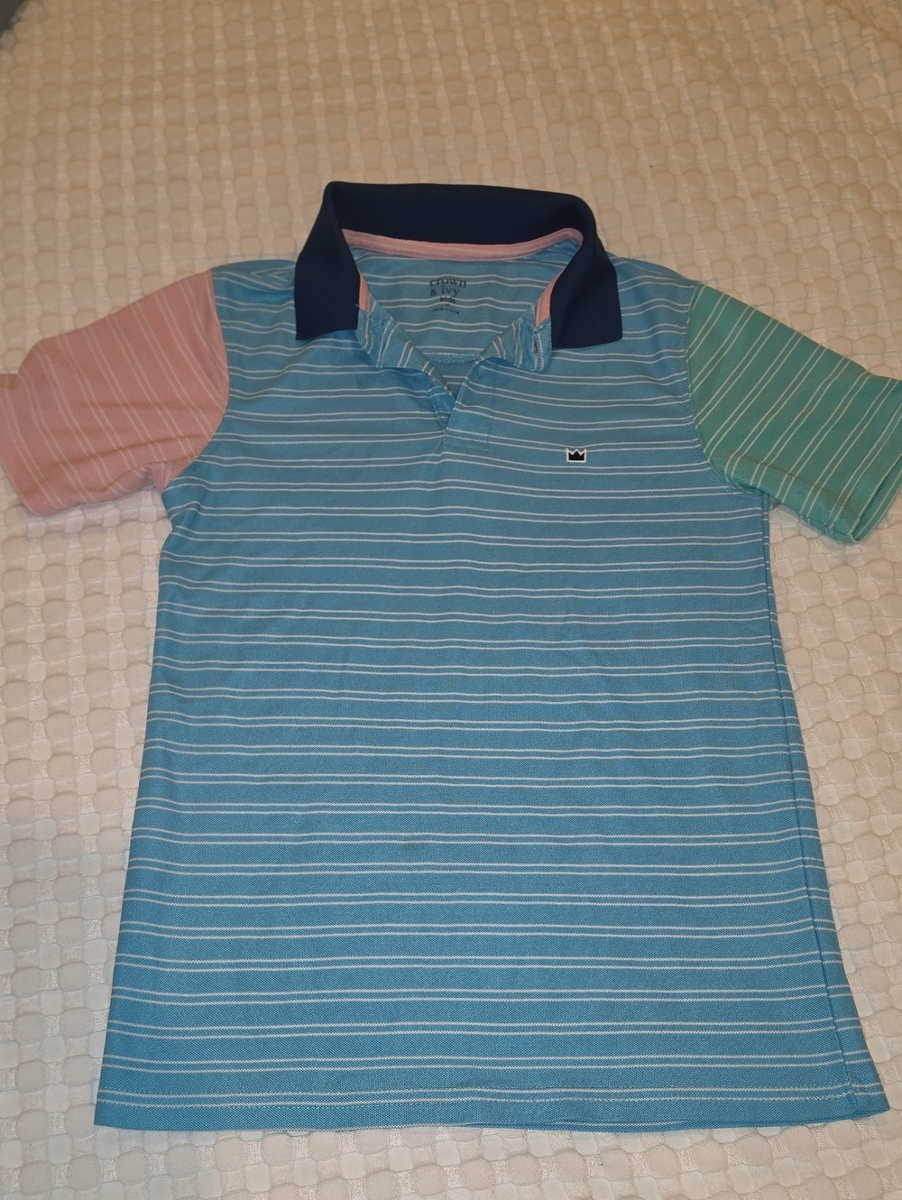 crown & ivy Blue Striped Polo with Pink and Green Sleeves